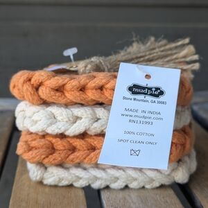 NWT Mud Pie Fall Autumn Orange and Cream Crochet Coaster Set of 4